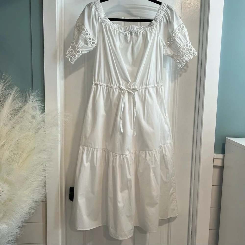 Who What Wear White Cotton Tie Waist Dress Puff Short Embellished Sleeves. XS.